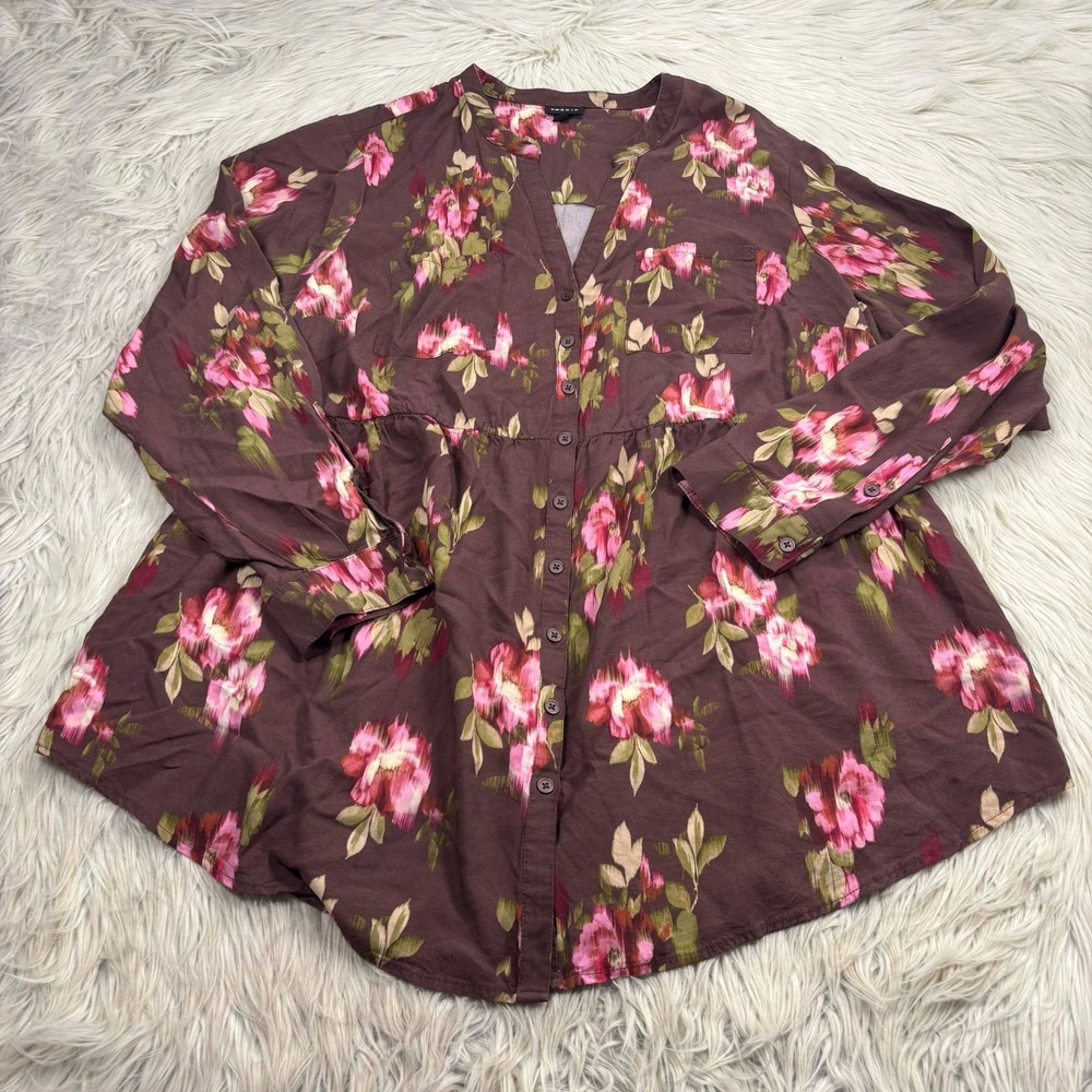 Torrid Women's 2X Brown Floral Button Front‎ Babydoll Blouse Top Forest Fairy